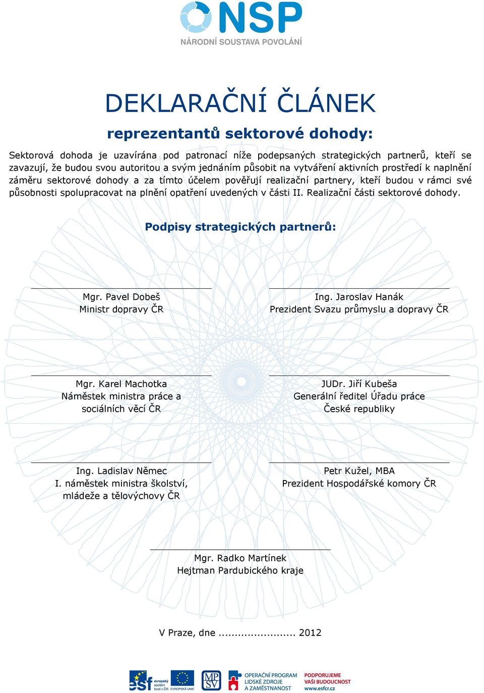 uvedených v části II. Realizační části sektorové dohody. Podpisy strategických partnerů: Mgr. Pavel Dobeš Ministr dopravy ČR Ing. Jaroslav Hanák Prezident Svazu průmyslu a dopravy ČR Mgr.