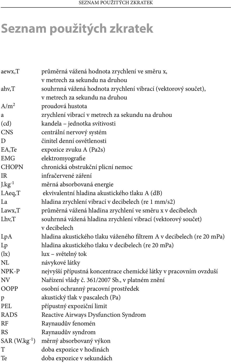osvětlenosti EA,Te expozice zvuku A (Pa2s) EMG elektromyografie CHOPN chronická obstrukční plicní nemoc IR infračervené záření J.