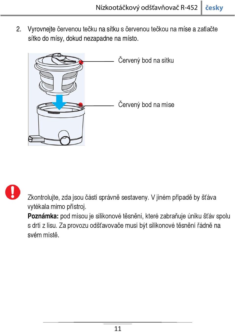 Červený bod na sítku Červený bod na míse Zkontrolujte, zda jsou části správně sestaveny.