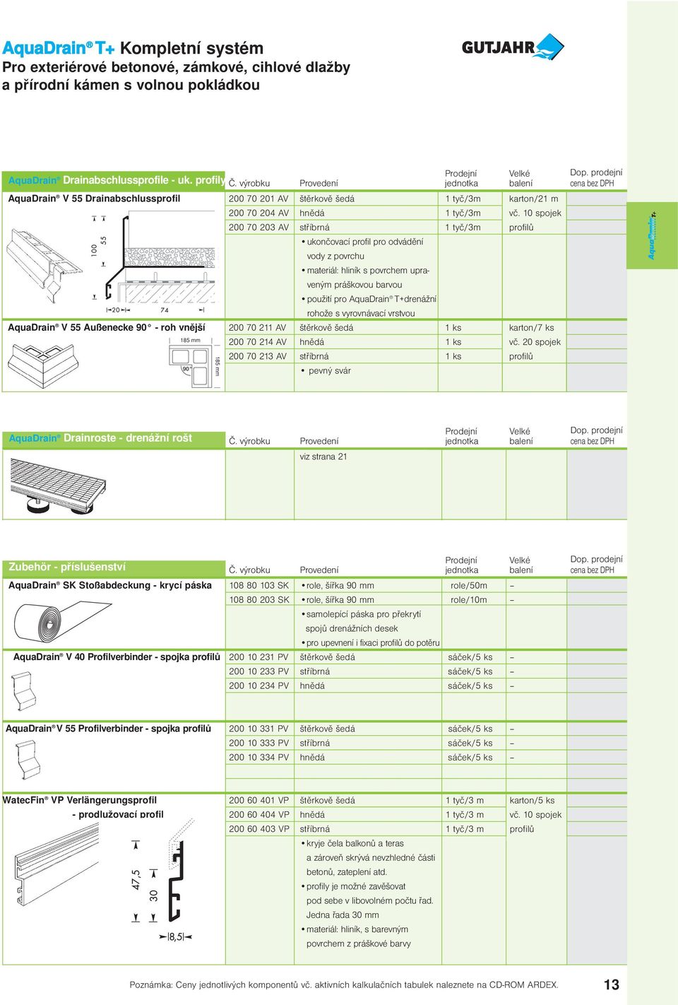 10 spojek 200 70 203 AV stříbrná 1 tyč/3m profilů ukončovací profil pro odvádění vody z povrchu materiál: hliník s povrchem upraveným práškovou barvou použití pro AquaDrain T+drenážní rohože s