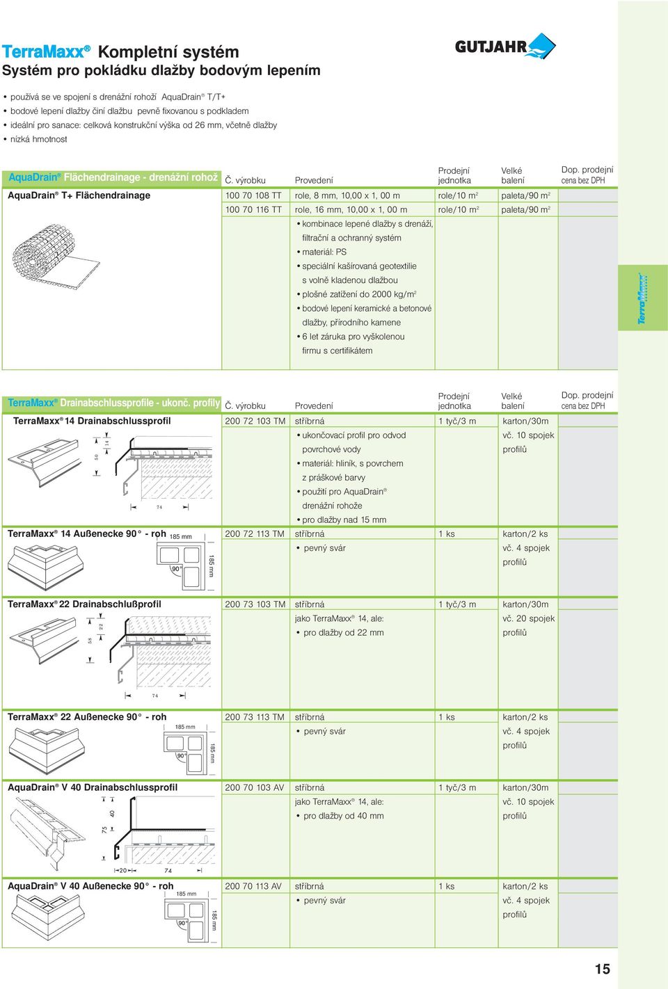 výrobku Provedení jednotka balení cena bez DPH AquaDrain T+ Flächendrainage 100 70 108 TT role, 8 mm, 10,00 x 1, 00 m role/10 m 2 paleta/90 m 2 100 70 116 TT role, 16 mm, 10,00 x 1, 00 m role/10 m 2