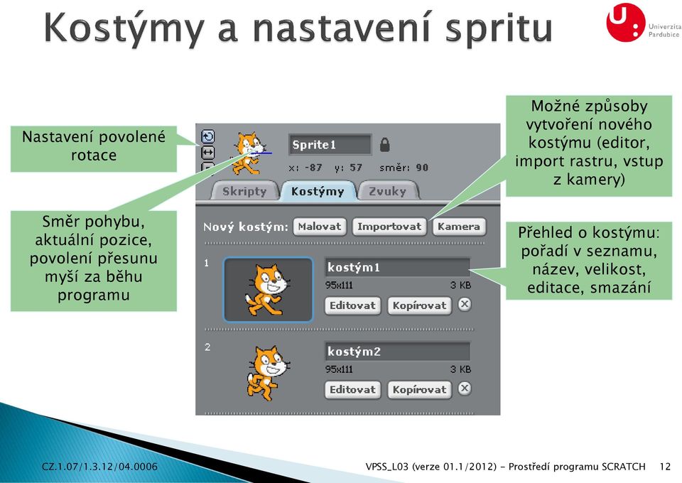 běhu programu Přehled o kostýmu: pořadí v seznamu, název, velikost, editace,