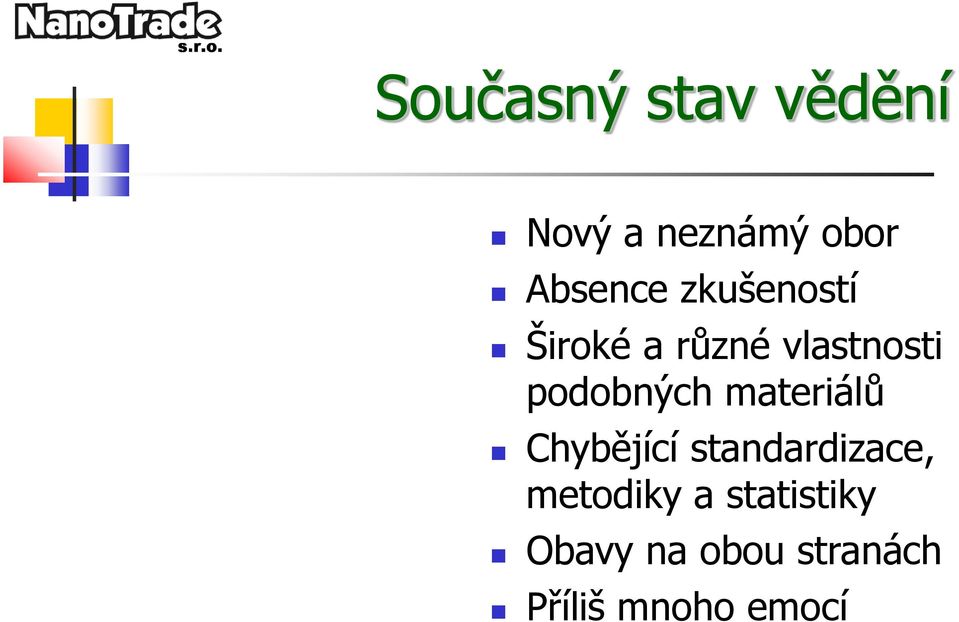 materiálů Chybějící standardizace, metodiky a