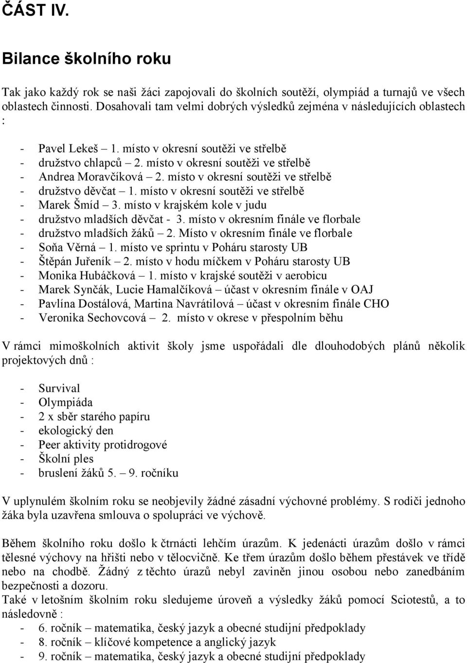 místo v okresní soutěži ve střelbě - Andrea Moravčíková 2. místo v okresní soutěži ve střelbě - družstvo děvčat 1. místo v okresní soutěži ve střelbě - Marek Šmíd 3.