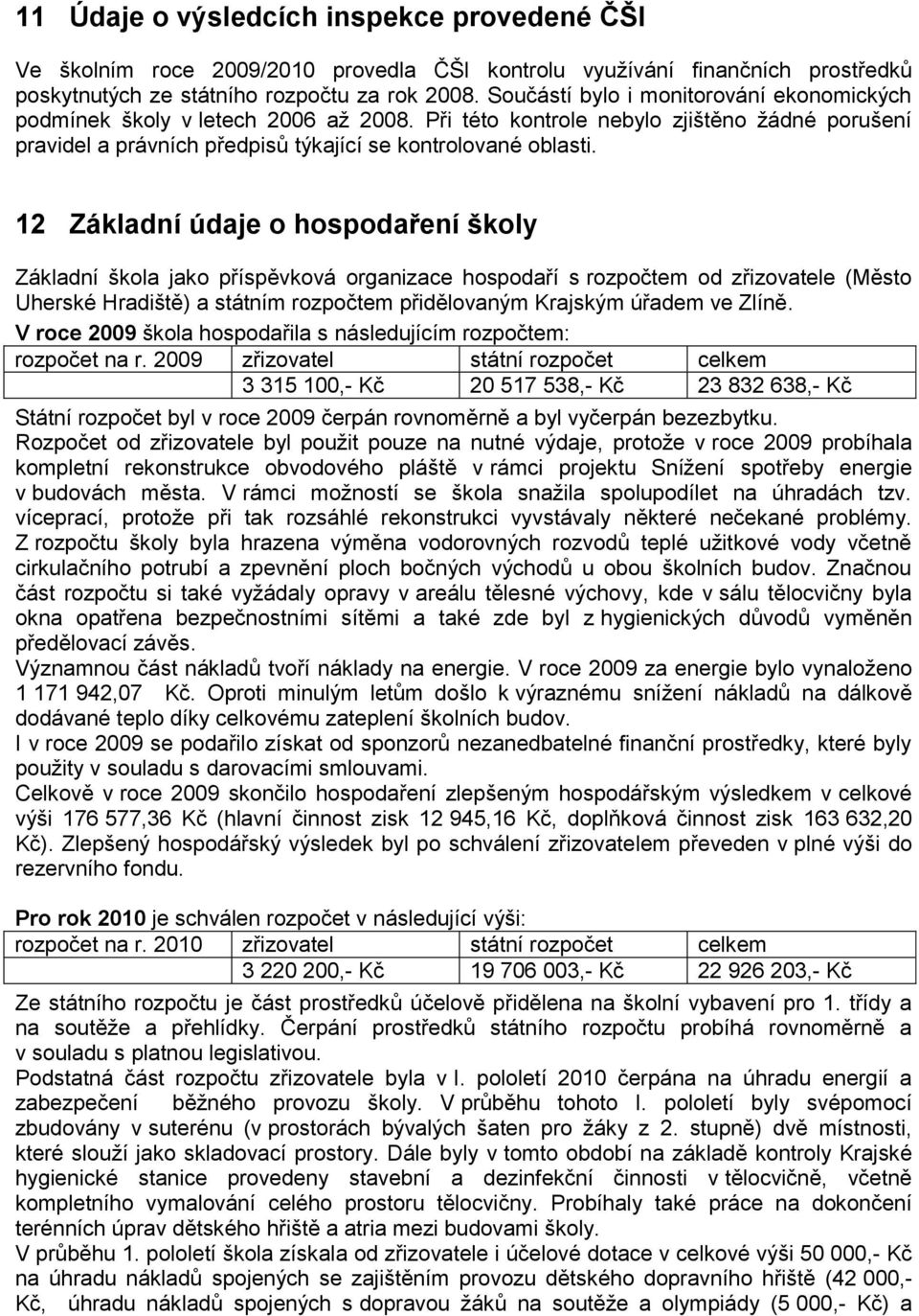 12 Základní údaje o hospodaření školy Základní škola jako příspěvková organizace hospodaří s rozpočtem od zřizovatele (Město Uherské Hradiště) a státním rozpočtem přidělovaným Krajským úřadem ve