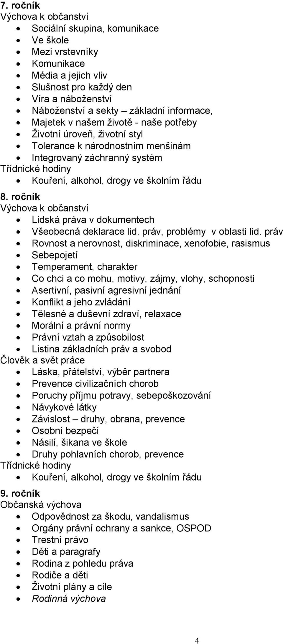 ročník Výchova k občanství Lidská práva v dokumentech Všeobecná deklarace lid. práv, problémy v oblasti lid.