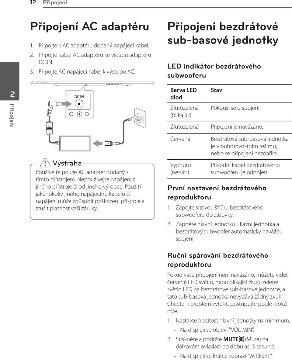 > > Výstraha Používejte pouze AC adaptér dodaný s tímto přístrojem. Nepoužívejte napájení z jiného přístroje či od jiného výrobce.