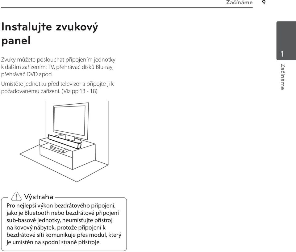 13-18) 1 Začínáme > > Výstraha Pro nejlepší výkon bezdrátového připojení, jako je Bluetooth nebo bezdrátové připojení