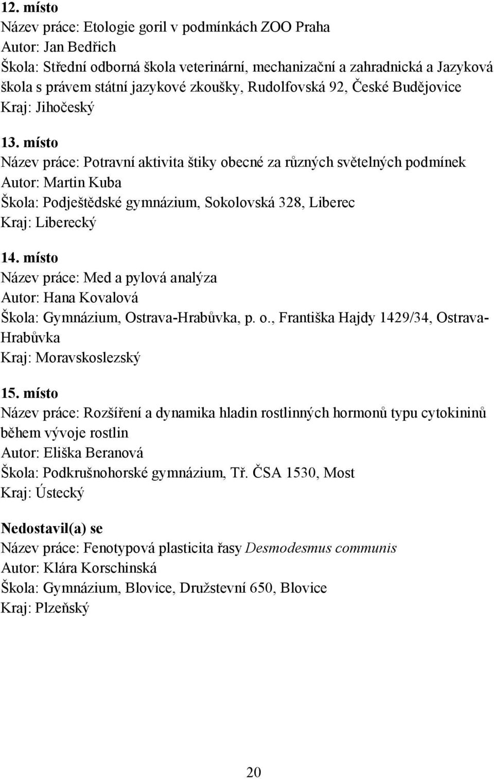 místo Název práce: Potravní aktivita štiky obecné za různých světelných podmínek Autor: Martin Kuba Škola: Podještědské gymnázium, Sokolovská 328, Liberec Kraj: Liberecký 14.