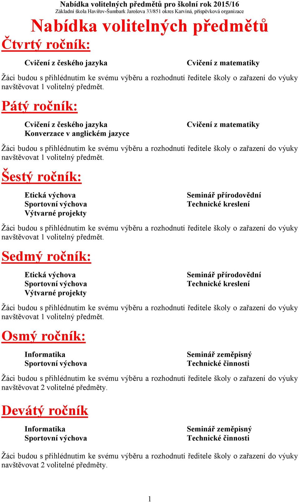 Šestý ročník: Etická výchova Sportovní výchova Výtvarné projekty Seminář přírodovědní Technické kreslení navštěvovat 1 volitelný předmět.
