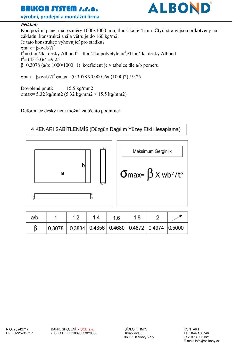 σmax= βxwxb 2 /t 2 t 2 = (tlouštka desky Albond 3 tloušťka polyetylenu 3 )/Tlouštka desky Albond t 2 = (43-33)/4 =9,25 β=0.