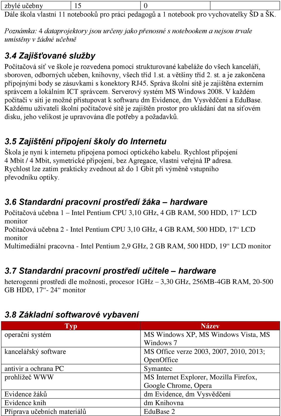 4 Zajišťované služby Počítačová síť ve škole je rozvedena pomocí strukturované kabeláže do všech kanceláří, sboroven, odborných učeben, knihovny, všech tříd 1.st. a většiny tříd 2. st. a je zakončena přípojnými body se zásuvkami s konektory RJ45.