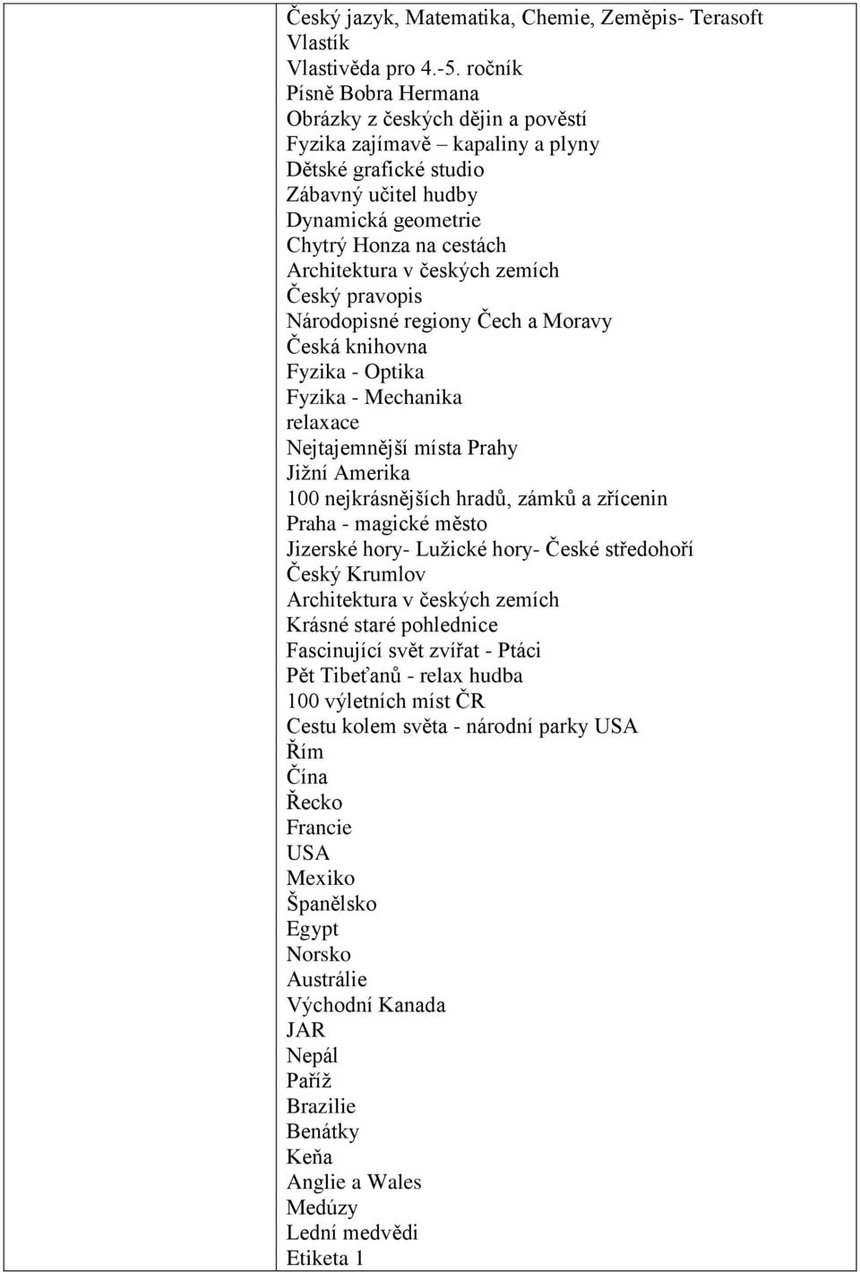 českých zemích Český pravopis Národopisné regiony Čech a Moravy Česká knihovna Fyzika - Optika Fyzika - Mechanika relaxace Nejtajemnější místa Prahy Jižní Amerika 100 nejkrásnějších hradů, zámků a