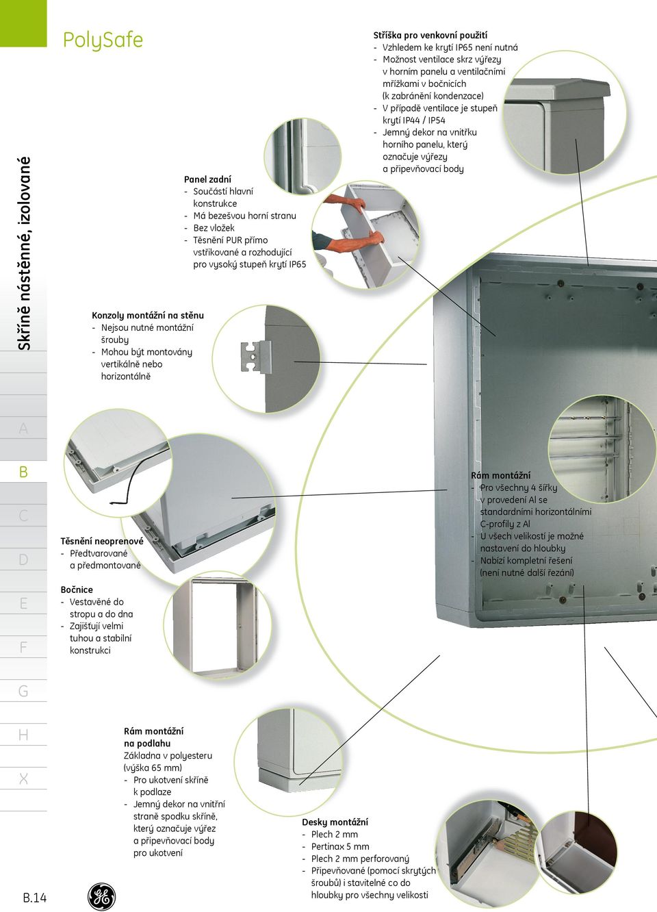 a ventilačními mřížkami v bočnicích (k zabránění kondenzace) V případě ventilace je stupeň krytí IP44 / IP54 Jemný dekor na vnitřku horního panelu, který označuje výřezy a připevňovací body Těsnění