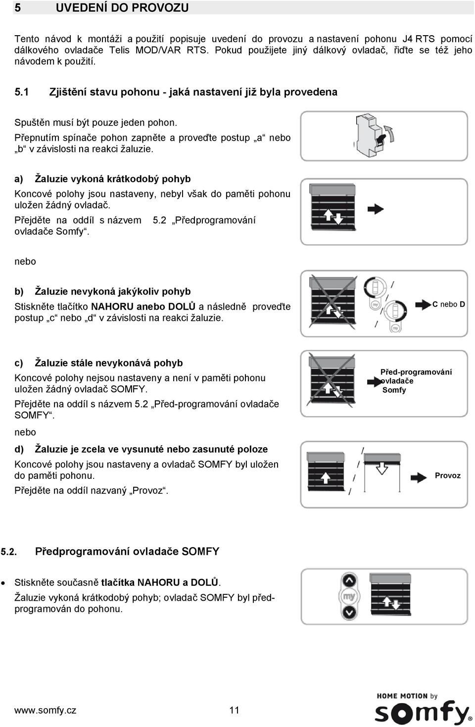 Přepnutím spínače pohon zapněte a proveďte postup a nebo b v závislosti na reakci žaluzie.