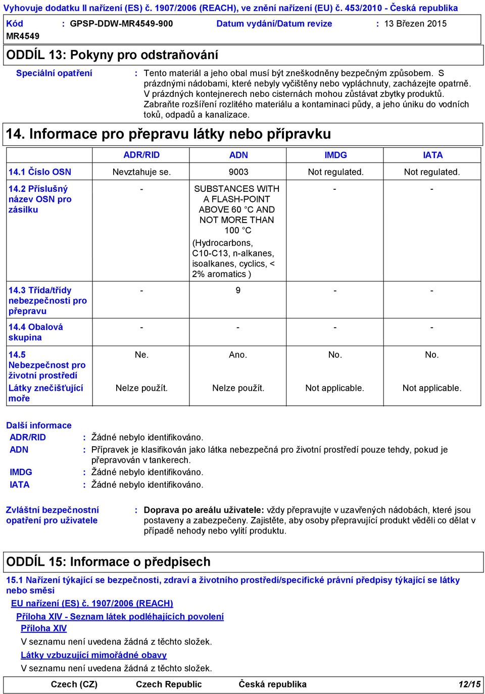 Zabraňte rozšíření rozlitého materiálu a kontaminaci půdy, a jeho úniku do vodních toků, odpadů a kanalizace. 14. Informace pro přepravu látky nebo přípravku 14.1 Číslo OSN 14.