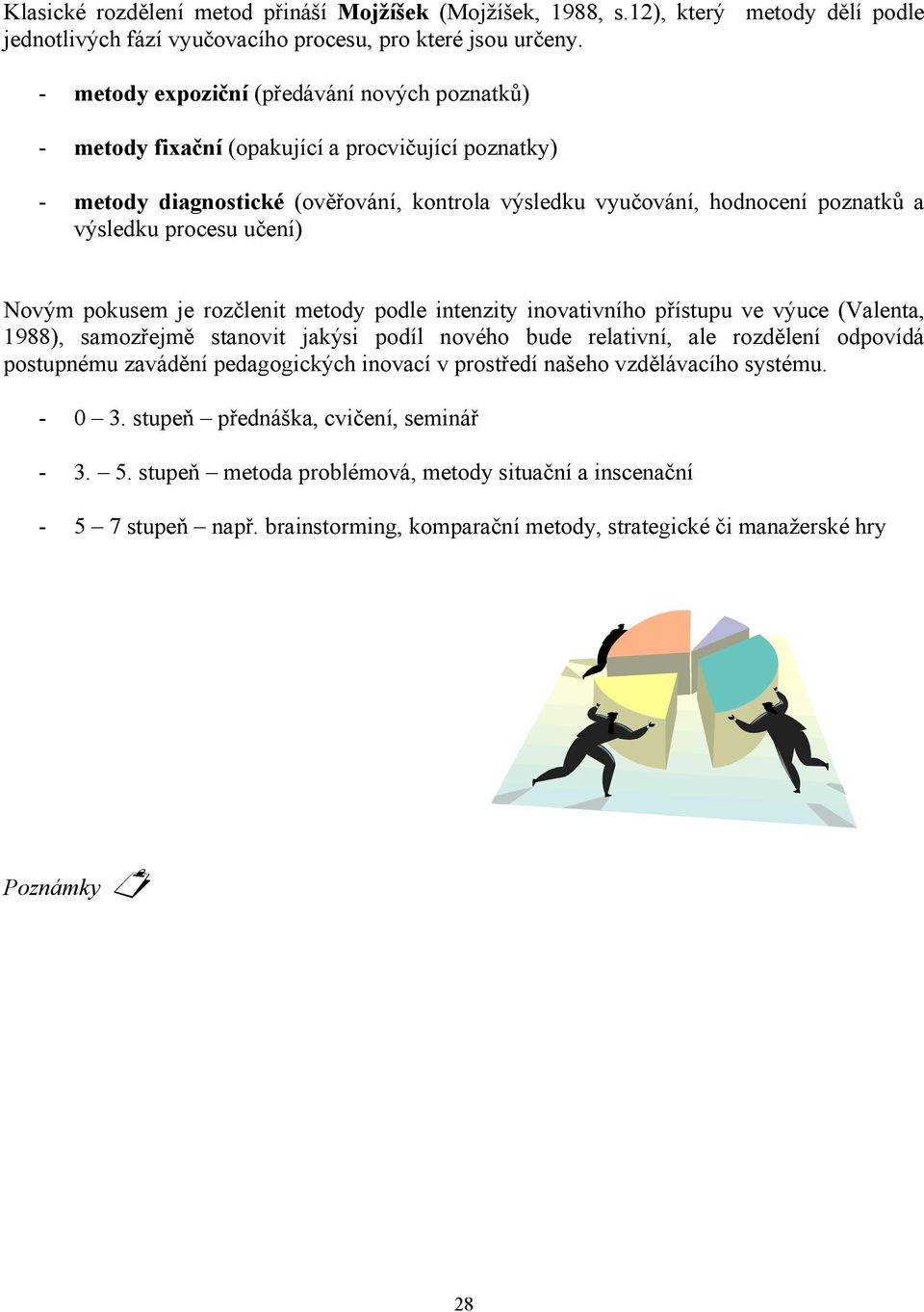 procesu učení) Novým pokusem je rozčlenit metody podle intenzity inovativního přístupu ve výuce (Valenta, 1988), samozřejmě stanovit jakýsi podíl nového bude relativní, ale rozdělení odpovídá