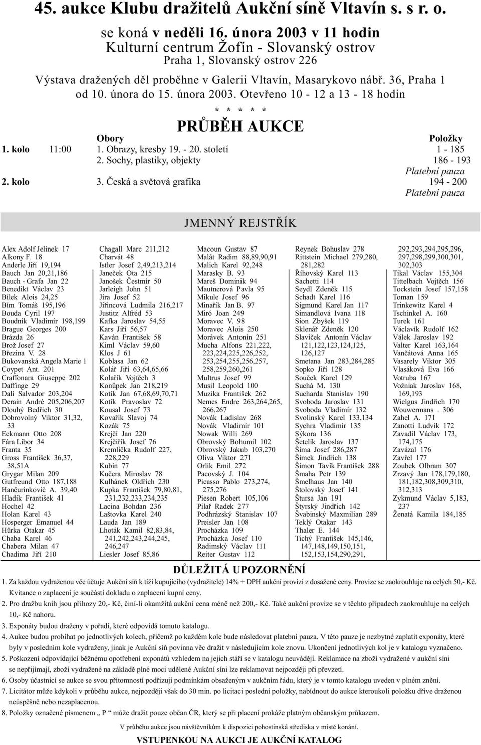 února 2003. Otevřeno 10-12 a 13-18 hodin * * * * * PRŮBĚH AUKCE Obory Položky 1. kolo 11:00 1. Obrazy, kresby 19. - 20. století 1-185 2. Sochy, plastiky, objekty 186-193 Platební pauza 2. kolo 3.