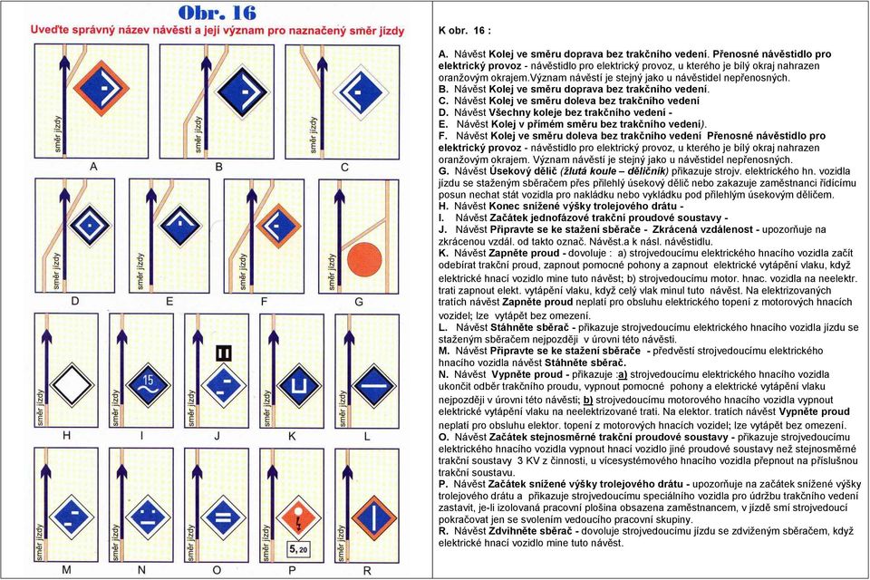 Návěst Všechny koleje bez trakčního vedení - E. Návěst Kolej v přímém směru bez trakčního vedení). F.