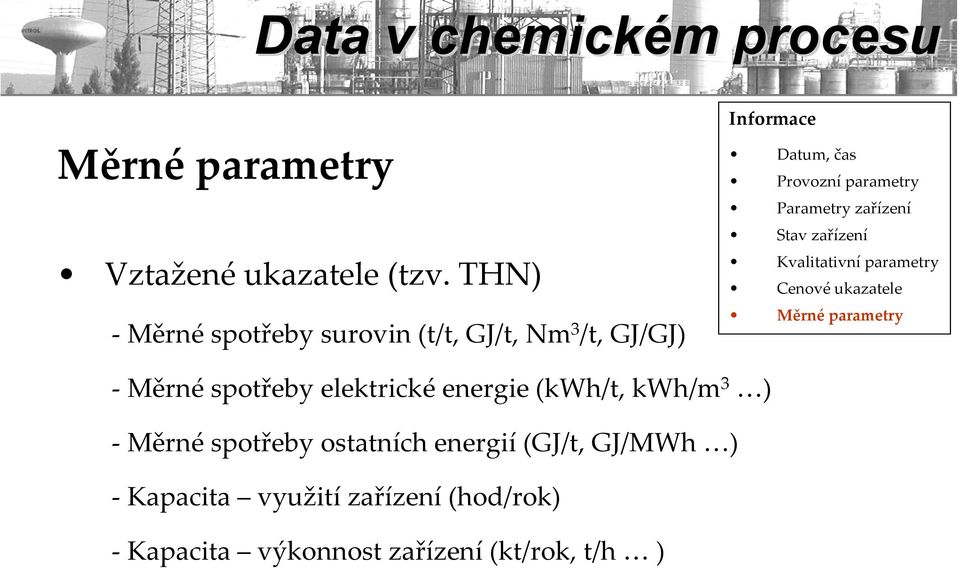 zařízení Stav zařízení Kvalitativní parametry Cenové ukazatele Měrné parametry Měrné spotřeby elektrické