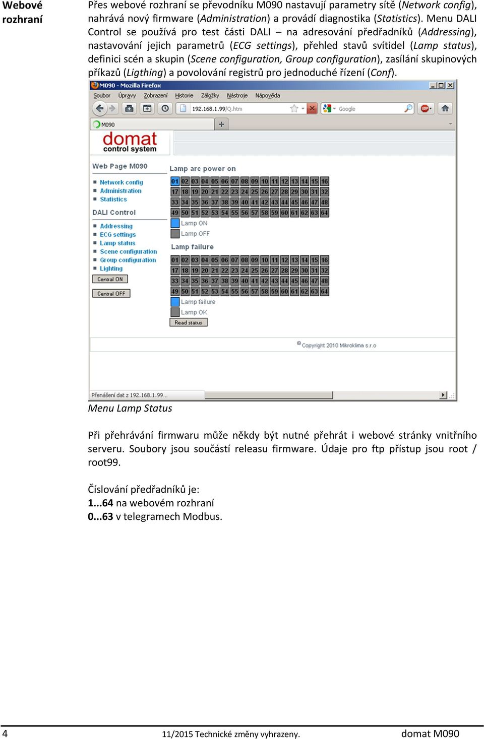 (Scene configuration, Group configuration), zasílání skupinových příkazů (Ligthing) a povolování registrů pro jednoduché řízení (Conf).