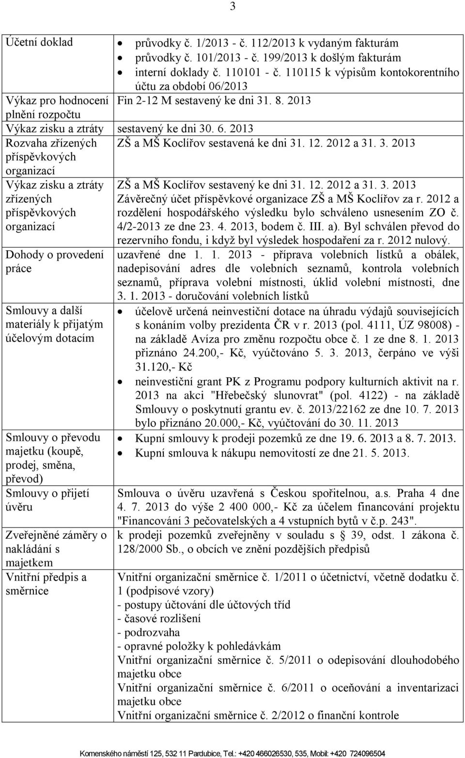 2013 Rozvaha zřízených ZŠ a MŠ Koclířov sestavená ke dni 31. 12. 2012 a 31. 3. 2013 příspěvkových organizací Výkaz zisku a ztráty zřízených příspěvkových organizací ZŠ a MŠ Koclířov sestavený ke dni 31.