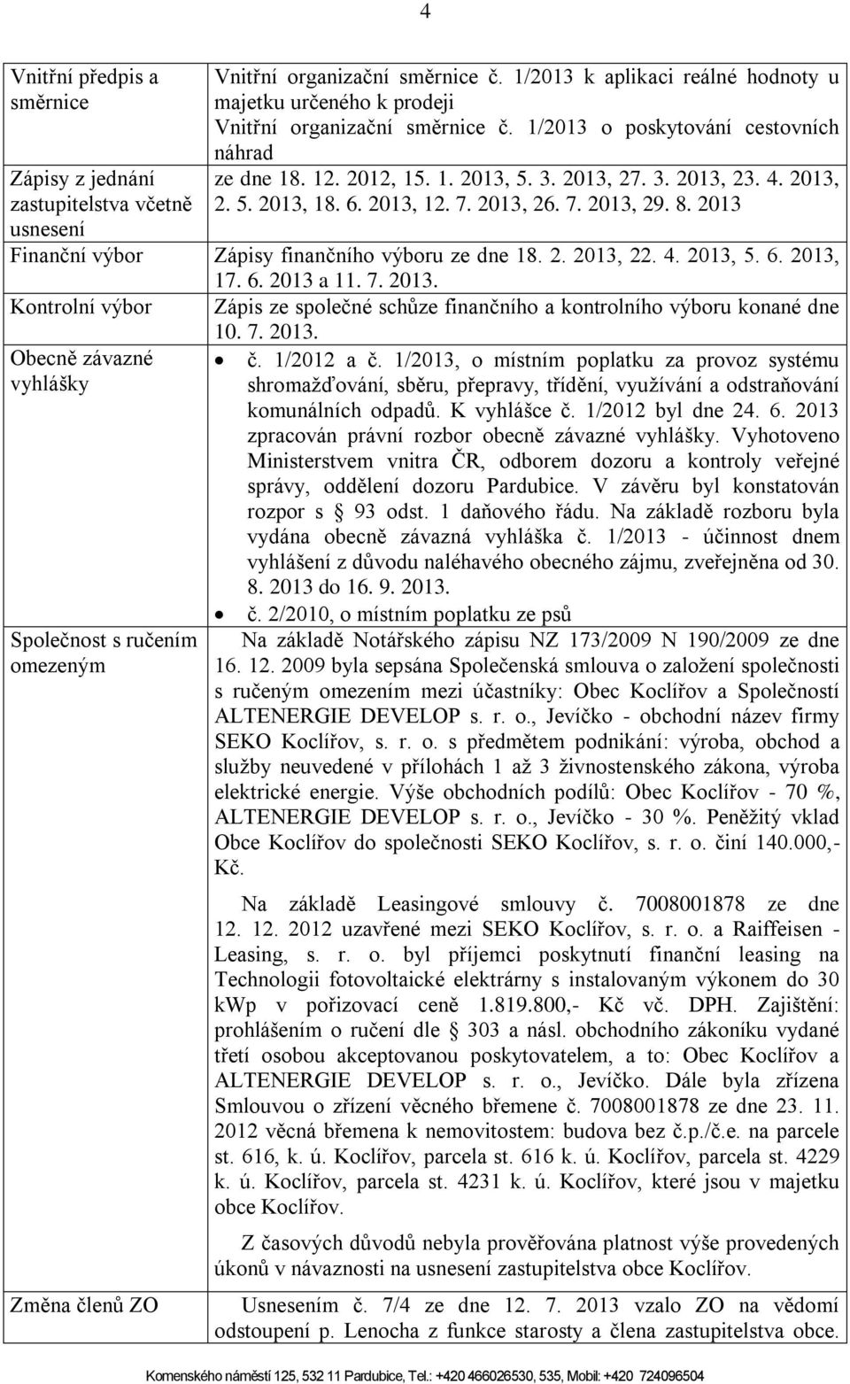 2013, 2. 5. 2013, 18. 6. 2013, 12. 7. 2013, 26. 7. 2013, 29. 8. 2013 Finanční výbor Zápisy finančního výboru ze dne 18. 2. 2013, 22. 4. 2013, 5. 6. 2013, 17. 6. 2013 a 11. 7. 2013. Kontrolní výbor Zápis ze společné schůze finančního a kontrolního výboru konané dne 10.