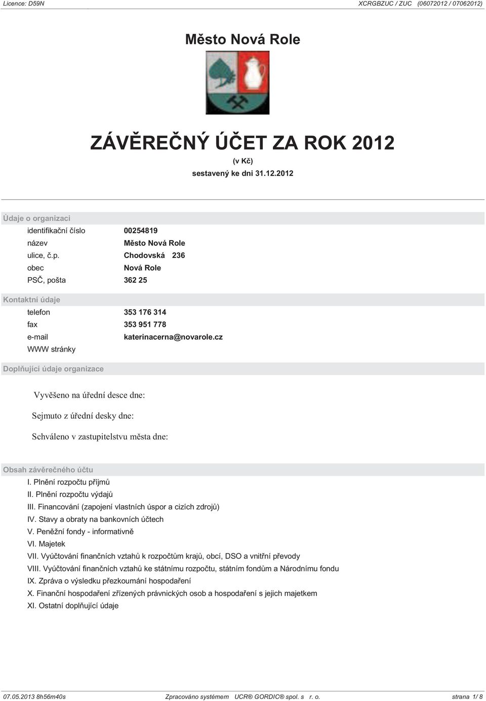 cz WWW stránky Doplňující údaje organizace Vyvěšeno na úřední desce dne: Sejmuto z úřední desky dne: Schváleno v zastupitelstvu města dne: Obsah závěrečného účtu I. Plnění rozpočtu příjmů II.