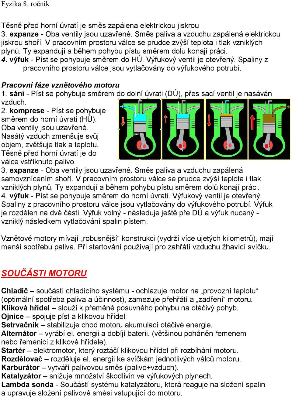 Výfukový ventil je otevřený. Spaliny z pracovního prostoru válce jsou vytlačovány do výfukového potrubí. Pracovní fáze vznětového motoru 1.