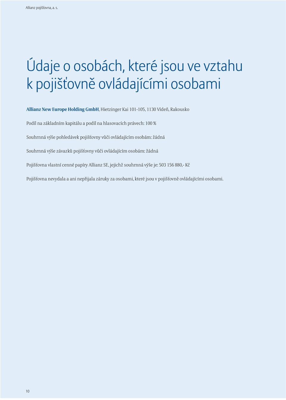 Rakousko Podíl na základním kapitálu a podíl na hlasovacích právech: 100 % Souhrnná výše pohledávek pojišťovny vůči ovládajícím osobám: