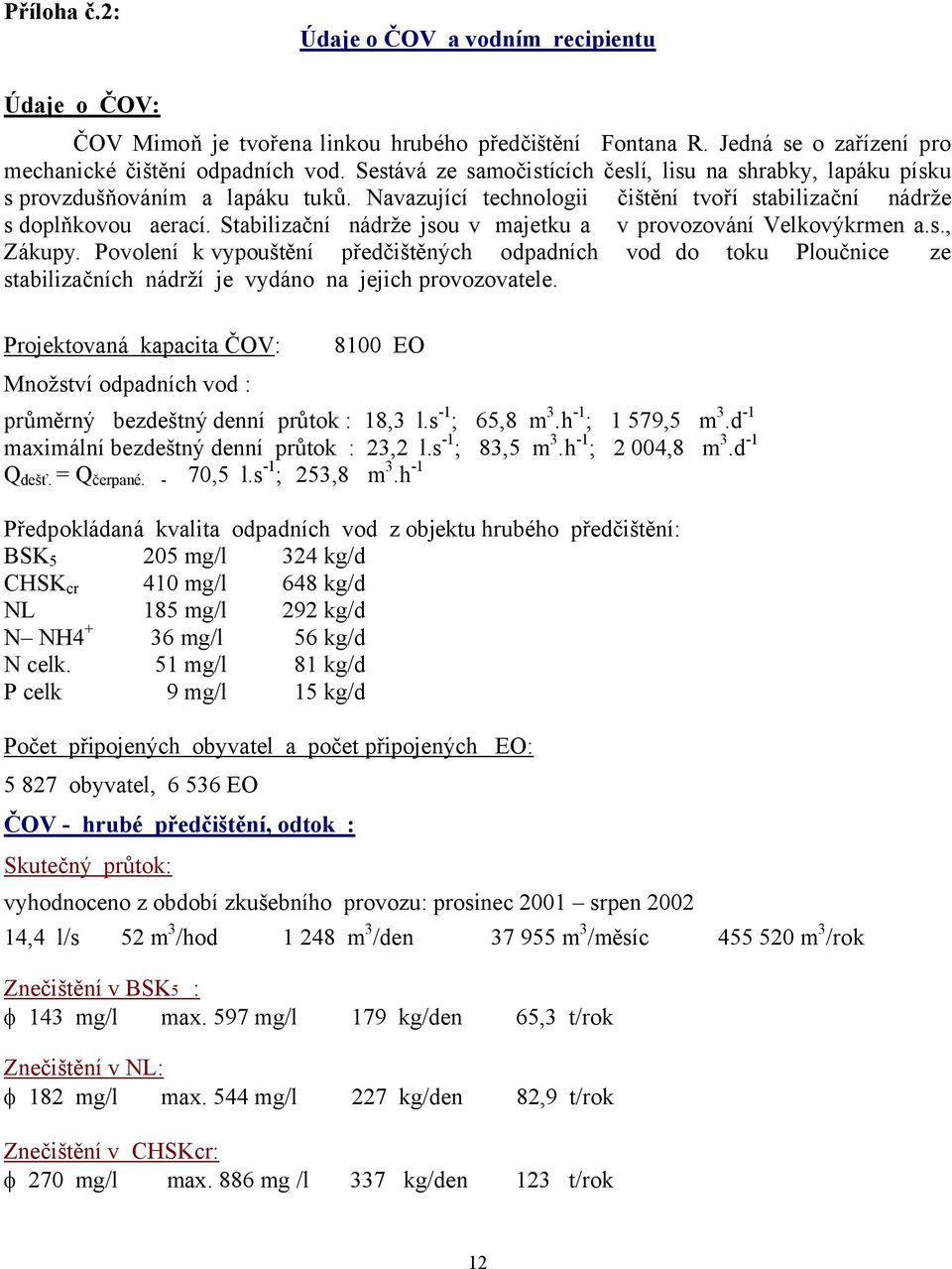 Stabilizační nádrže jsou v majetku a v provozování Velkovýkrmen a.s., Zákupy.