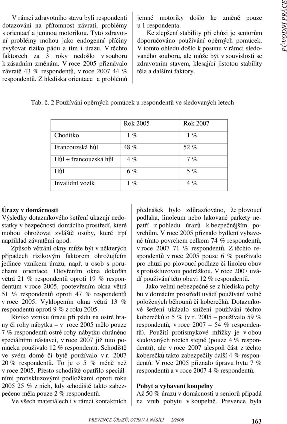 V roce 2005 přiznávalo závratě 43 % respondentů, v roce 2007 44 % respondentů. Z hlediska orientace a problémů jemné motoriky došlo ke změně pouze u 1 respondenta.