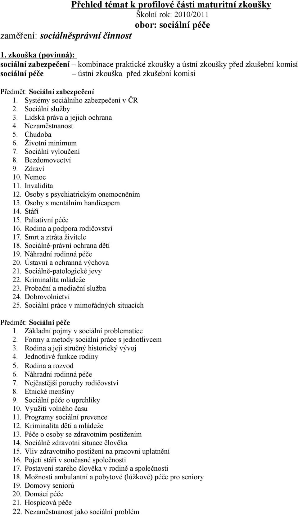 Systémy sociálního zabezpečení v ČR 2. Sociální služby 3. Lidská práva a jejich ochrana 4. Nezaměstnanost 5. Chudoba 6. Životní minimum 7. Sociální vyloučení 8. Bezdomovectví 9. Zdraví 10. Nemoc 11.