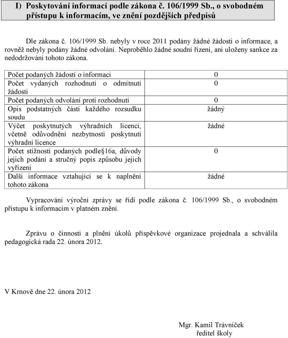 Počet podaných žádostí o informaci 0 Počet vydaných rozhodnutí o odmítnutí 0 žádosti Počet podaných odvolání proti rozhodnutí 0 Opis podstatných částí každého rozsudku žádný soudu Výčet poskytnutých