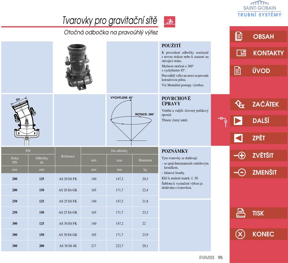 DN Dn odbočky Stoka Odbočka Reference DN dn min max Hmotnost mm mm mm mm kg 200 125 AS 20 E6 FK 140 147,2 20,3 200 150 AS 20 E6 GK 165 171,7 22,4 POZNÁMKY Tyto tvarovky se dodávají: se spoji