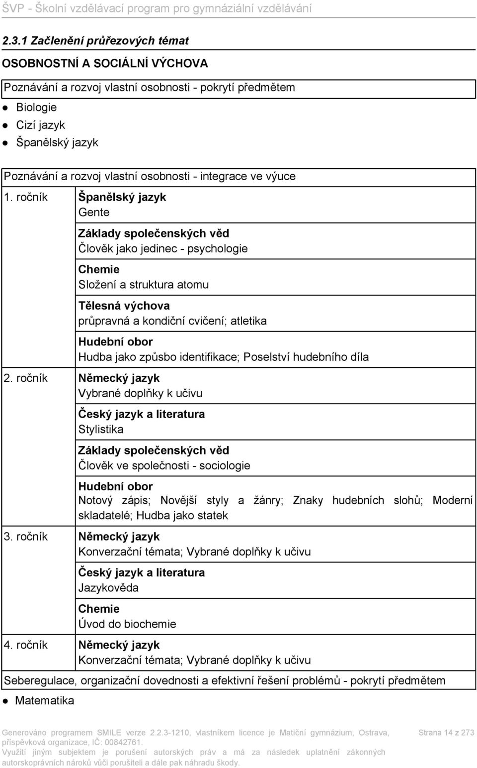 ročník Španělský jazyk Gente Základy společenských věd Člověk jako jedinec - psychologie Chemie Složení a struktura atomu Tělesná výchova průpravná a kondiční cvičení; atletika Hudební obor Hudba