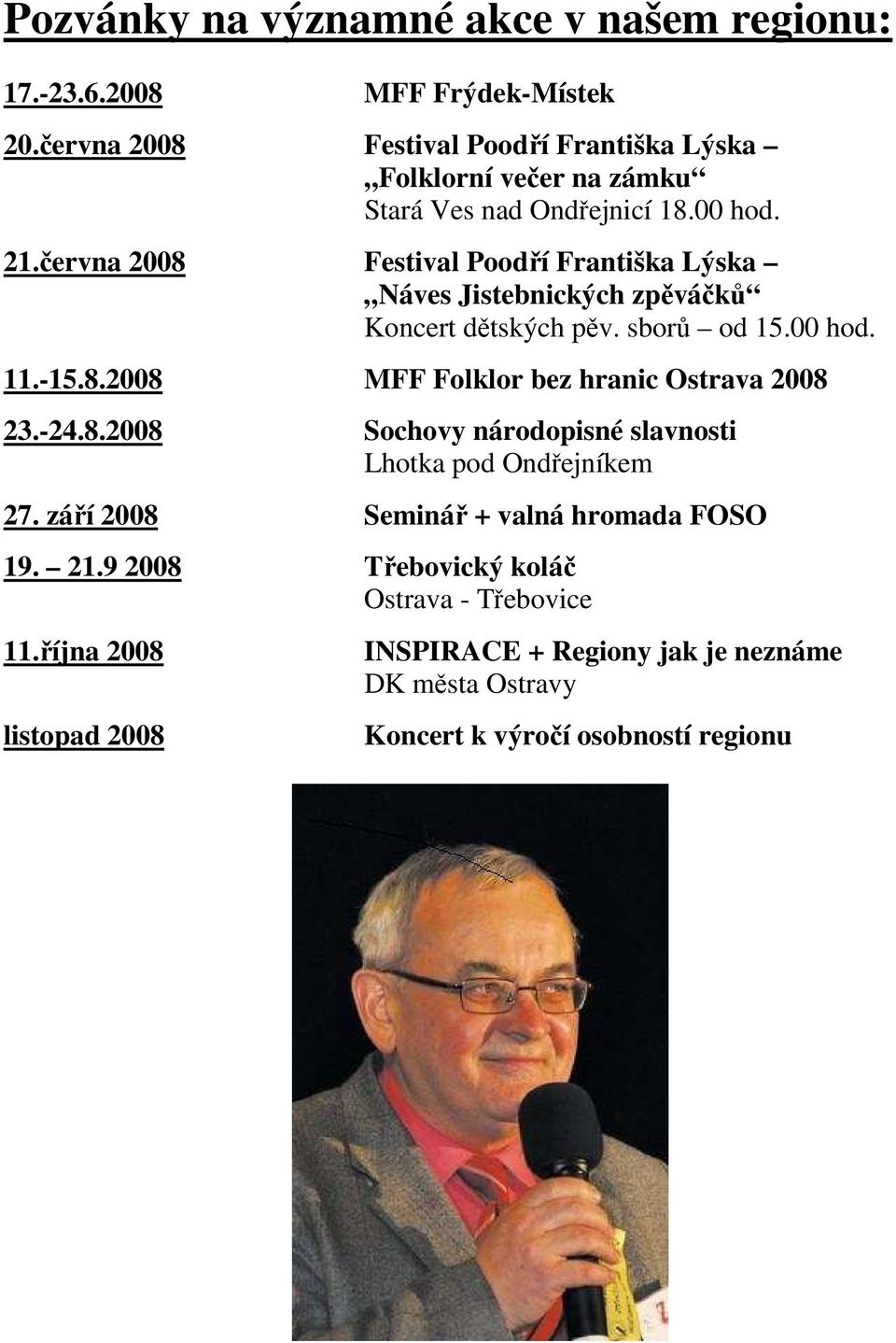 června 2008 Festival Poodří Františka Lýska Náves Jistebnických zpěváčků Koncert dětských pěv. sborů od 15.00 hod. 11.-15.8.2008 MFF Folklor bez hranic Ostrava 2008 23.