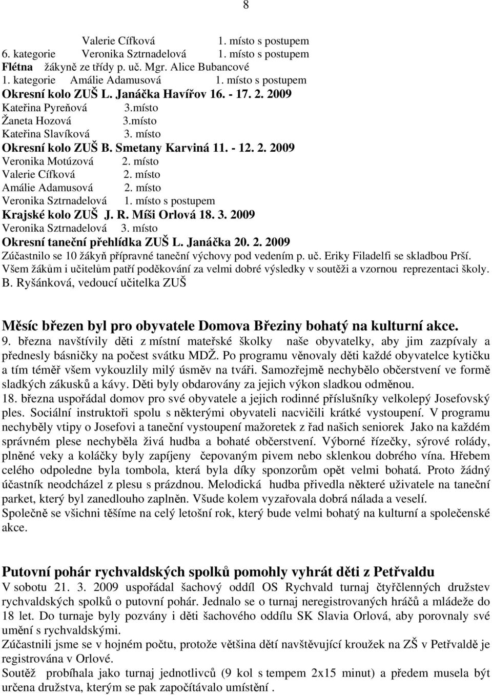 místo Valerie Cífková 2. místo Amálie Adamusová 2. místo Veronika Sztrnadelová 1. místo s postupem Krajské kolo ZUŠ J. R. Míši Orlová 18. 3. 2009 Veronika Sztrnadelová 3.