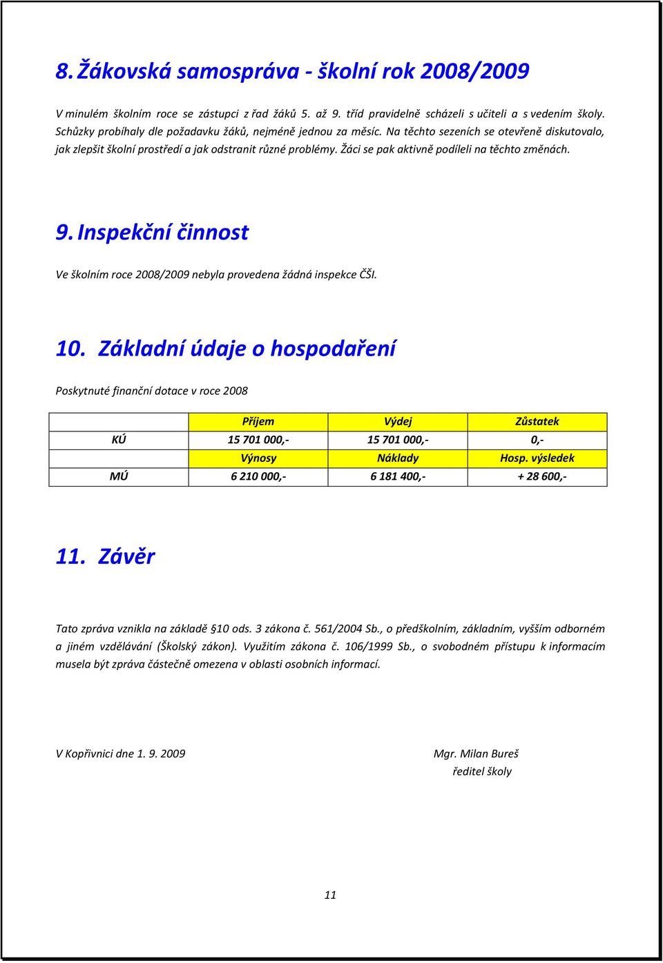 Žáci se pak aktivně podíleli na těchto změnách. 9. Inspekční činnost Ve školním roce 2008/2009 nebyla provedena žádná inspekce ČŠI. 10.