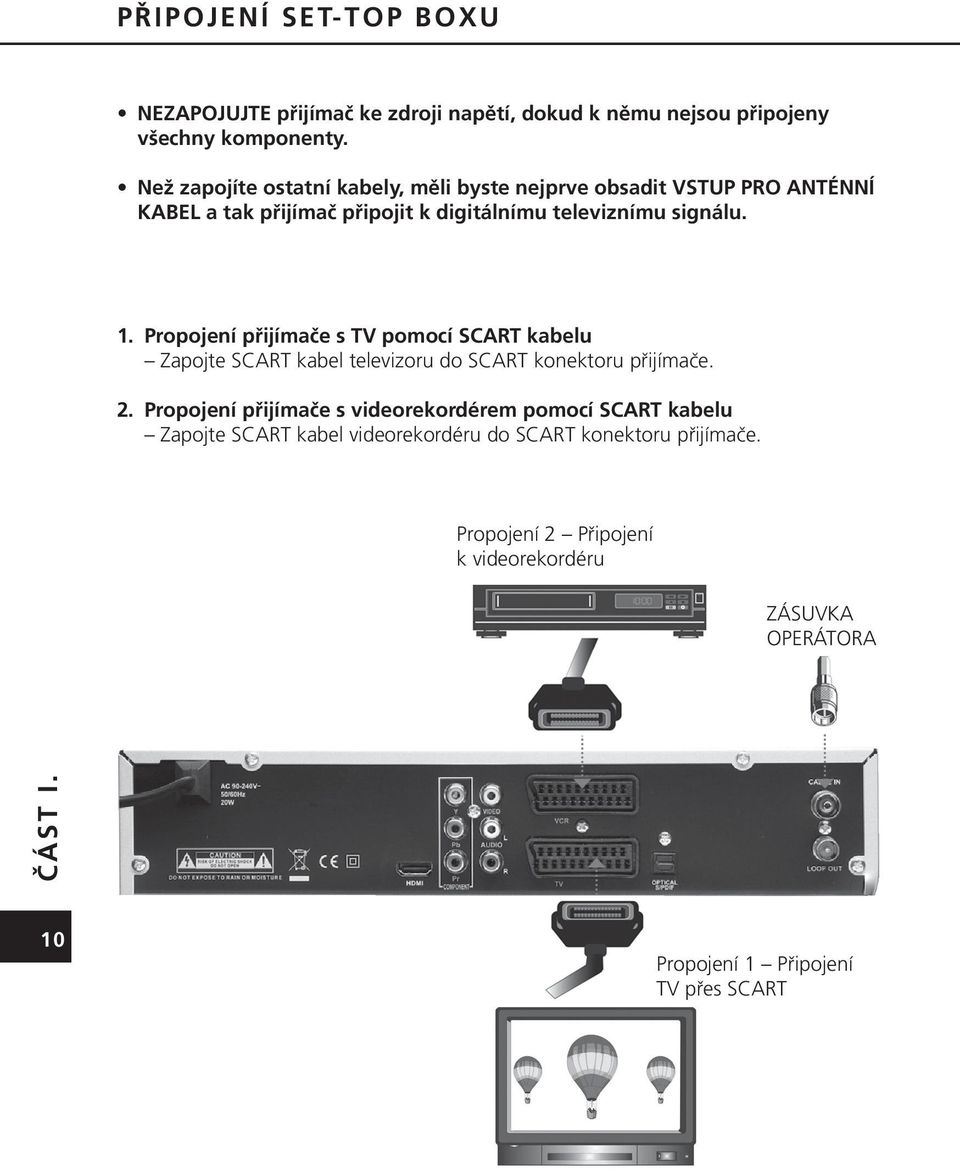 Propojení přijímače s TV pomocí SCART kabelu Zapojte SCART kabel televizoru do SCART konektoru přijímače. 2.