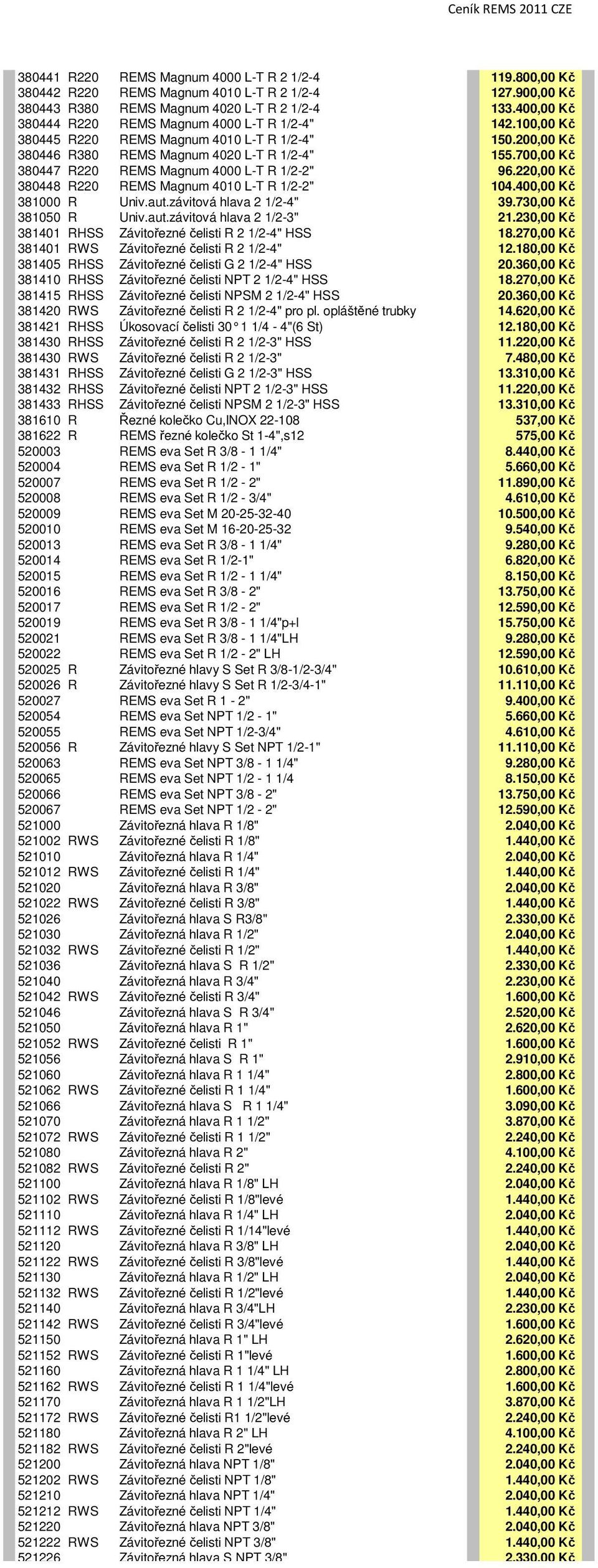 700,00 Kč 380447 R220 REMS Magnum 4000 L-T R 1/2-2" 96.220,00 Kč 380448 R220 REMS Magnum 4010 L-T R 1/2-2" 104.400,00 Kč 381000 R Univ.aut.závitová hlava 2 1/2-4" 39.730,00 Kč 381050 R Univ.aut.závitová hlava 2 1/2-3" 21.