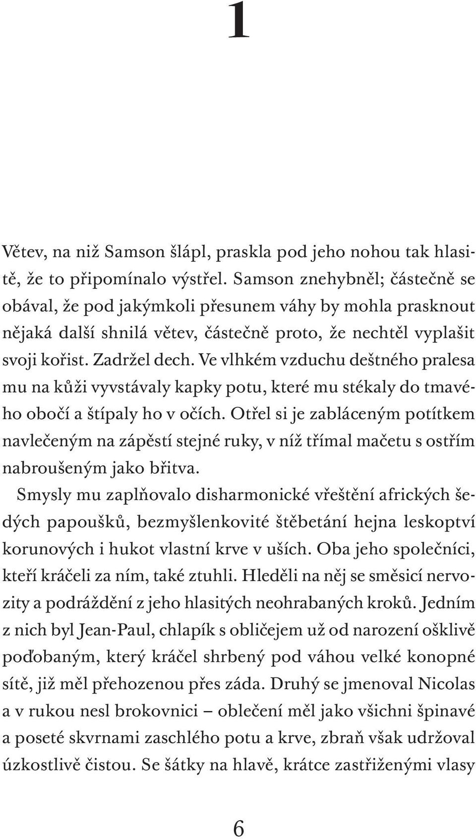 Ve vlhkém vzduchu deštného pralesa mu na kůži vyvstávaly kapky potu, které mu stékaly do tmavého obočí a štípaly ho v očích.