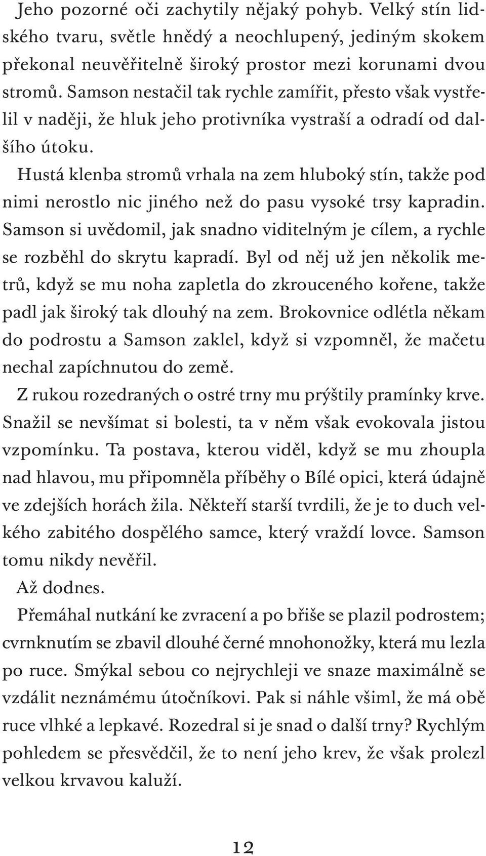 Hustá klenba stromů vrhala na zem hluboký stín, takže pod nimi nerostlo nic jiného než do pasu vysoké trsy kapradin.