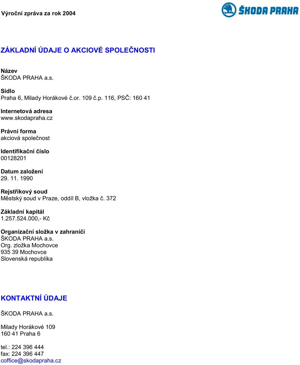 1990 Rejstøíkový soud Mìstský soud v Praze, oddíl B, vložka è. 372 Základní kapitál 1.257.524.000,- Kè Orga
