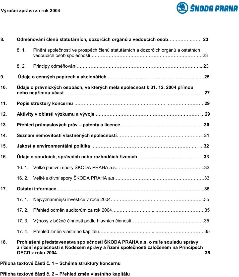 Údaje o právnických osobách, ve kterých mìla spoleènost k 31. 12. 2004 pøímou nebo nepøímou úèast... 27 11. Popis struktury koncernu...29 12. Aktivity v oblasti výzkumu a vývoje. 29 13.