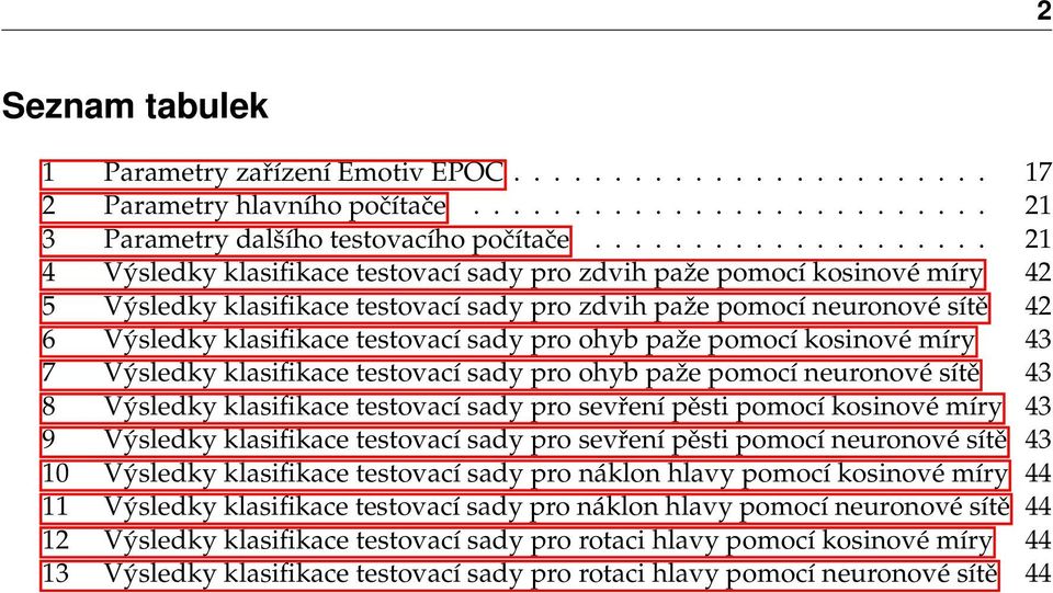 klasifikace testovací sady pro ohyb paže pomocí kosinové míry 43 7 Výsledky klasifikace testovací sady pro ohyb paže pomocí neuronové sítě 43 8 Výsledky klasifikace testovací sady pro sevření pěsti