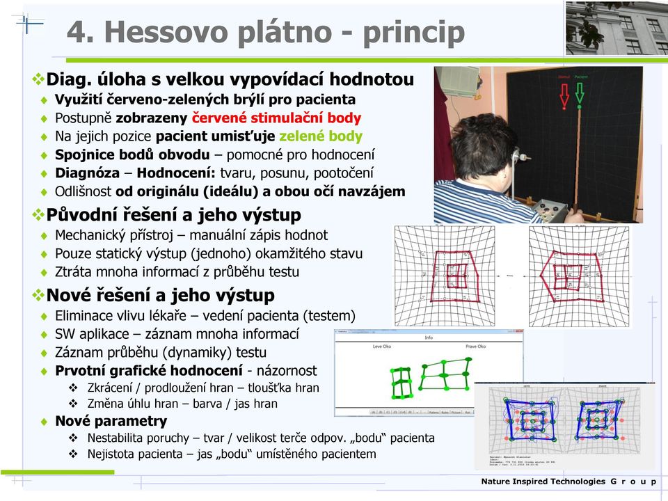 pro hodnocení Diagnóza Hodnocení: tvaru, posunu, pootočení Odlišnost od originálu (ideálu) a obou očí navzájem Původní řešení a jeho výstup Mechanický přístroj manuální zápis hodnot Pouze statický