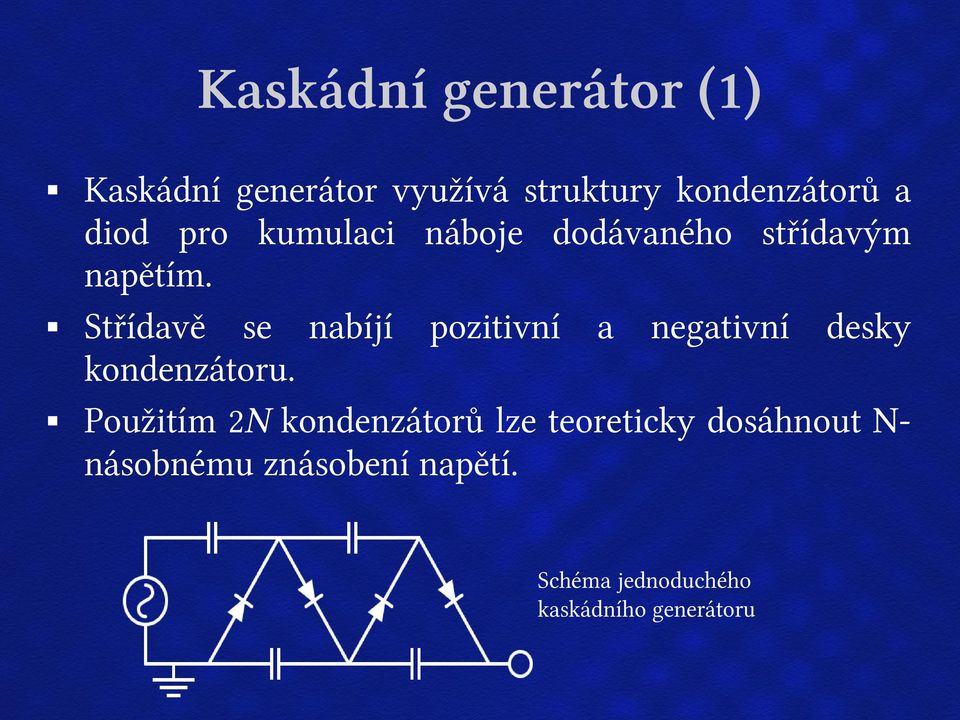 Střídavě se nabíjí pozitivní a negativní desky kondenzátoru.