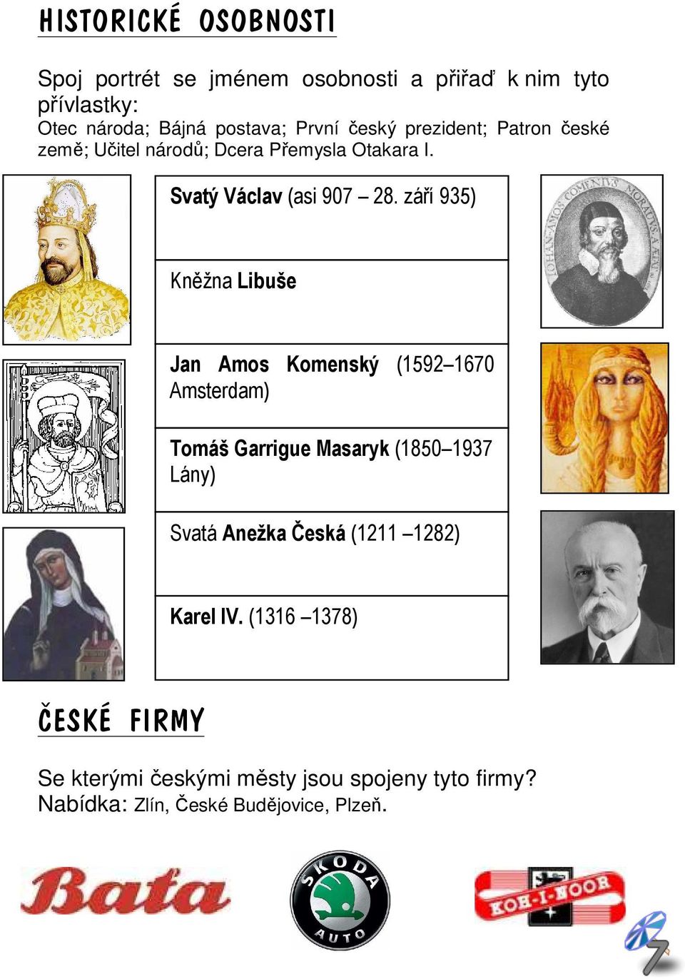 září 935) Kněžna Libuše Jan Amos Komenský (1592 1670 Amsterdam) Tomáš Garrigue Masaryk (1850 1937 Lány) Svatá Anežka