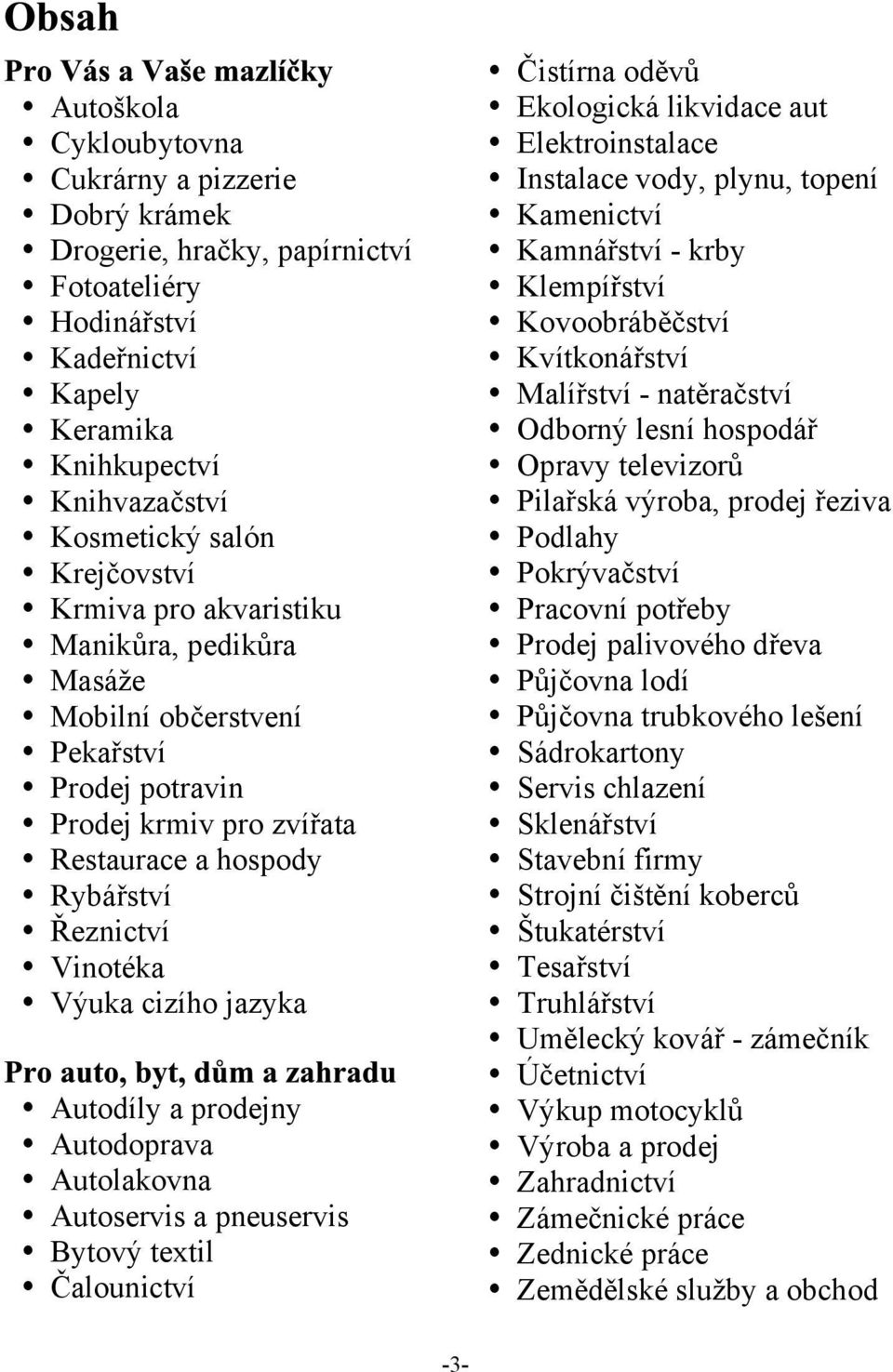 prodejny Autodoprava Autolakovna Autoservis a pneuservis Bytový textil Èalounictví Èistírna odìvù Ekologická likvidace aut Elektroinstalace Instalace vody, plynu, topení Kamenictví Kamnáøství krby